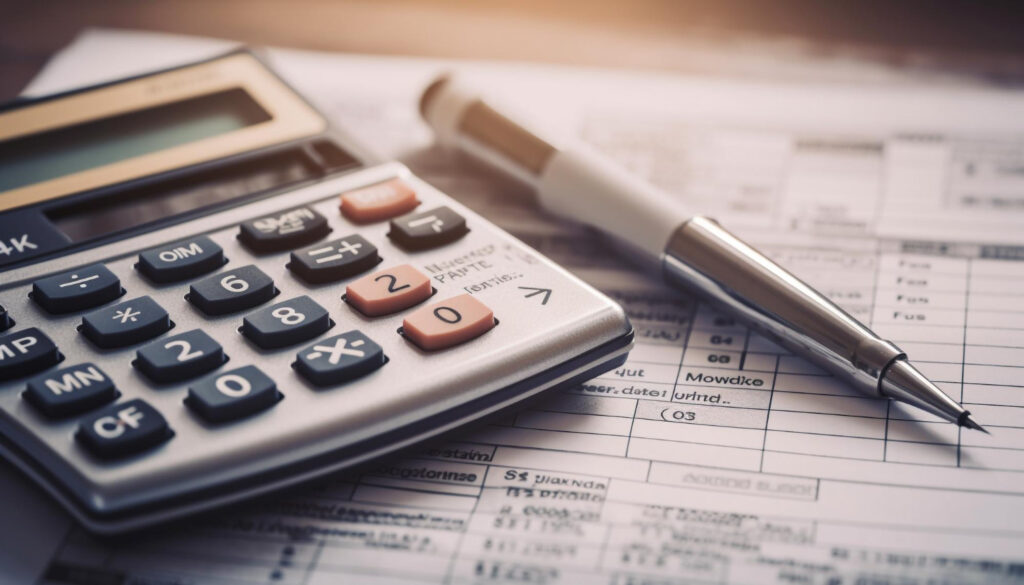 Calculator and pen resting on a printed spreadsheet