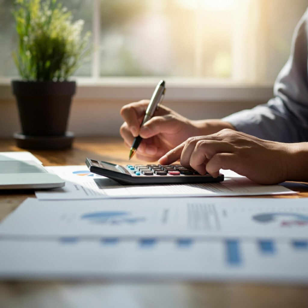 Hand writing figures next to a calculator and printed financial reports