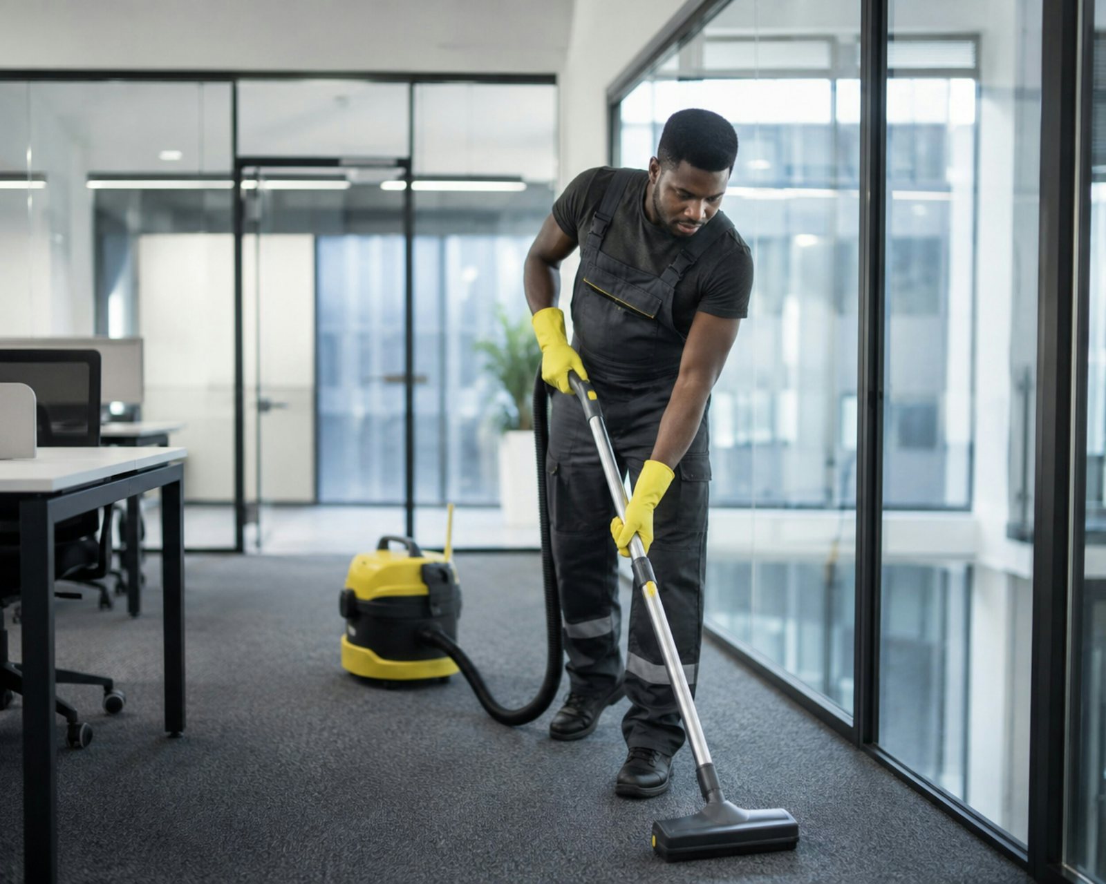 Commercial cleaner vacuuming an office floor