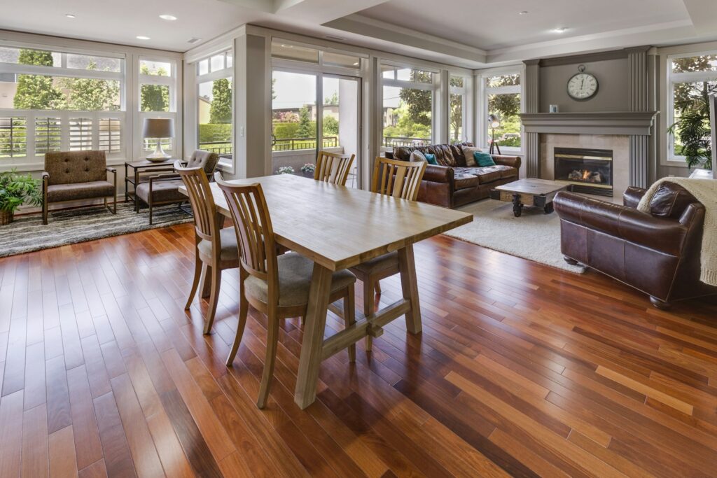 Finished hardwood floor in a dining and living room