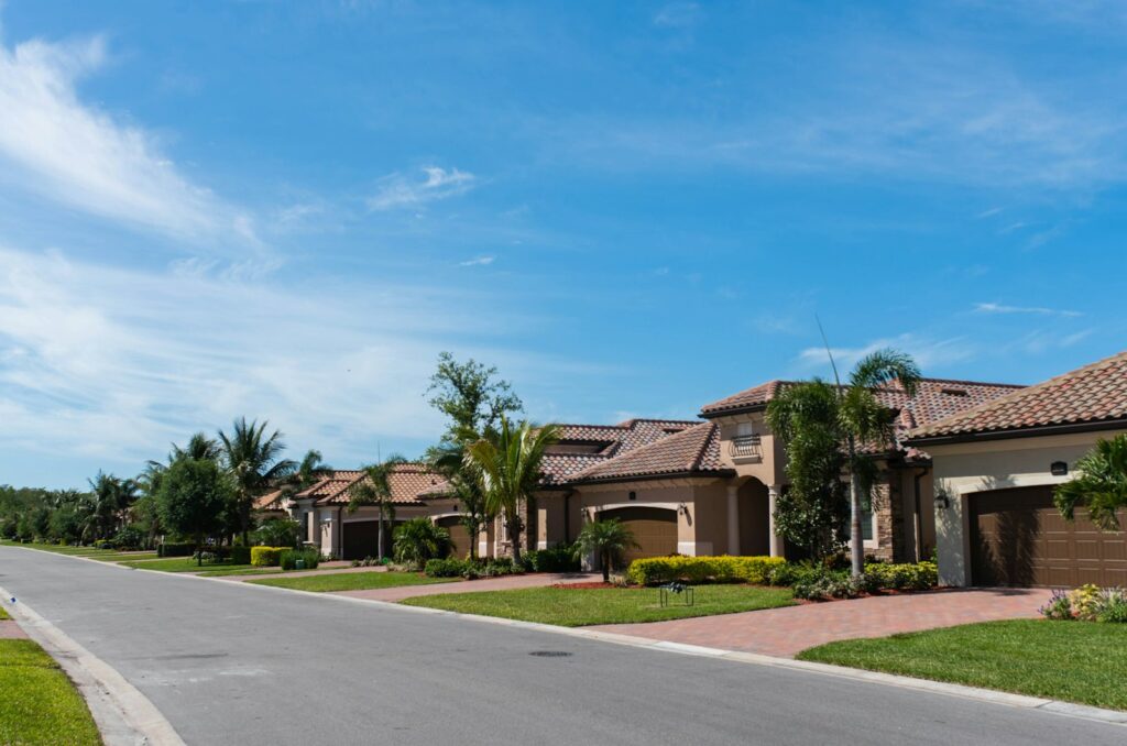 Suburban street with homes and palm trees