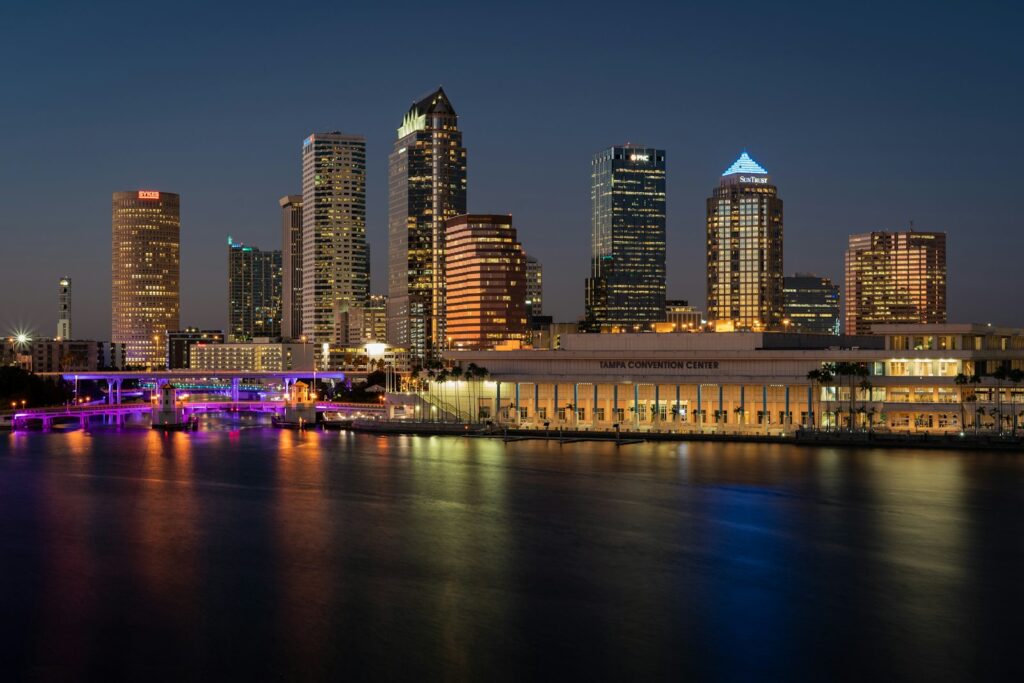 Downtown Tampa skyline at night across the water